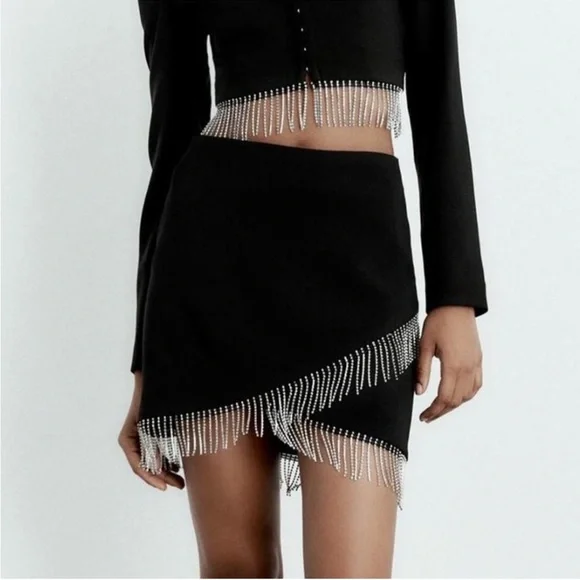 NWT Zara black mini skirt with silver rhinestone fringe detail - Picture 2 of 9